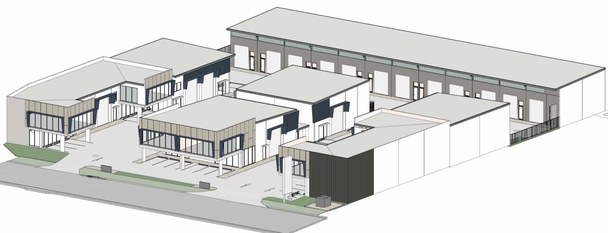 Artist impression, aerial view of Ellevate at Citiswich — 24 light industrial units at Bundamba, Queensland